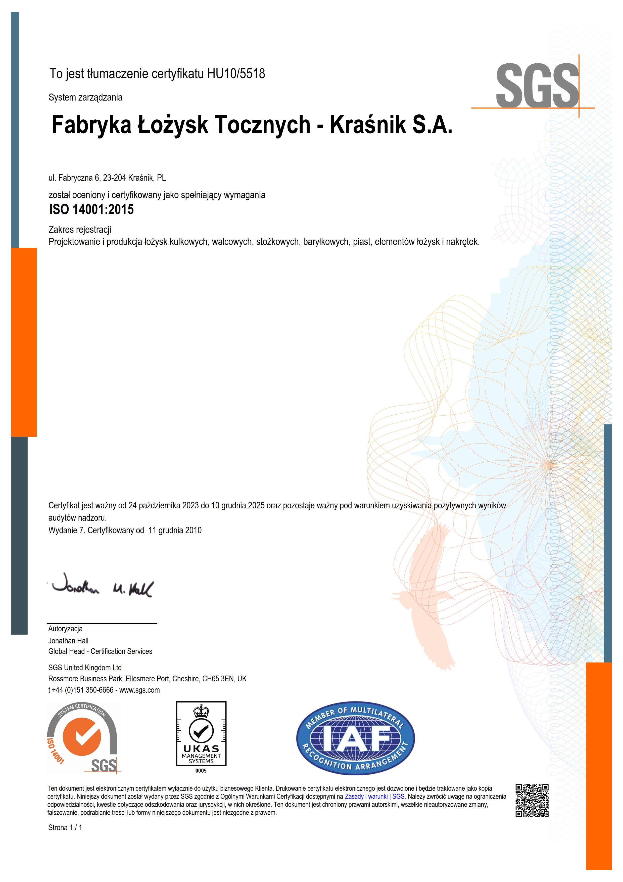 FLT Krasnik ISO14001 certificate pl 2023